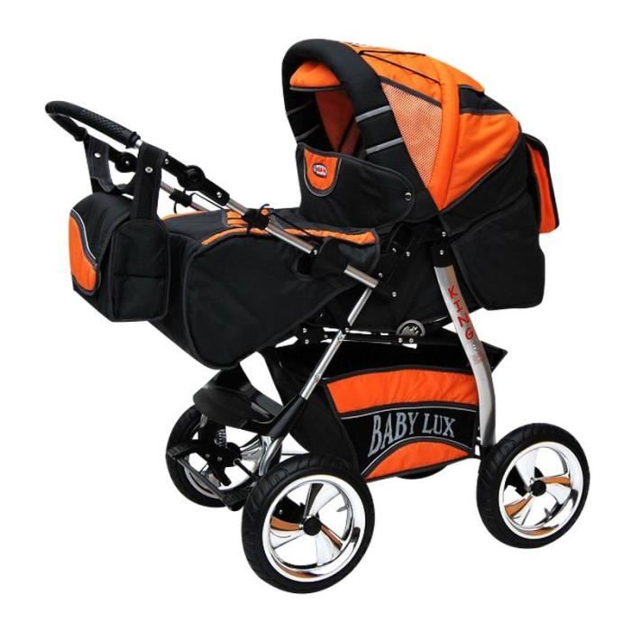 King 4 en 1 Poussette combinée avec siège auto + ISOFIX Poussette Canne et accessoires 36 platine & orange