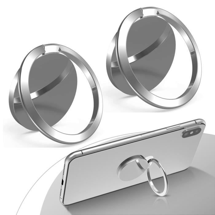 2pcs Anneau Support Téléphone en Métal de Support Universel Téléphone Portable Rotation 360 Compatible avec iPhone Samsung (Argent)