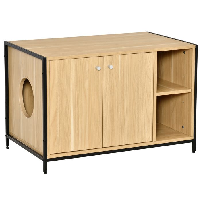 Maison de toilette pour chat 2 portes avec entrée latérale 2 niches plateau châssis acier panneaux particules aspect bois clair