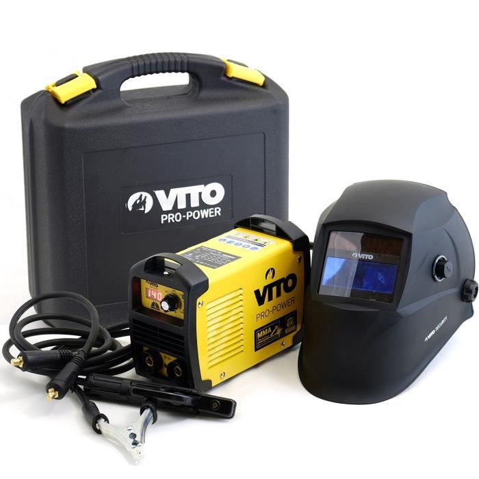 VITO Poste à souder inverter V140 - Livré avec cagoule électronique 9 / 13, gant de soudeur anti-chaleur et lot électrodes 2,5 mm