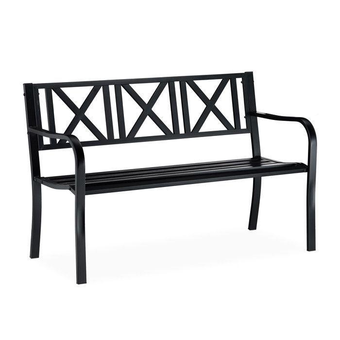Relaxdays Banc de jardin, Banc extérieur, balcon, résistant, 2 places, banc métal acier 81 x 127 x 56 cm, noir