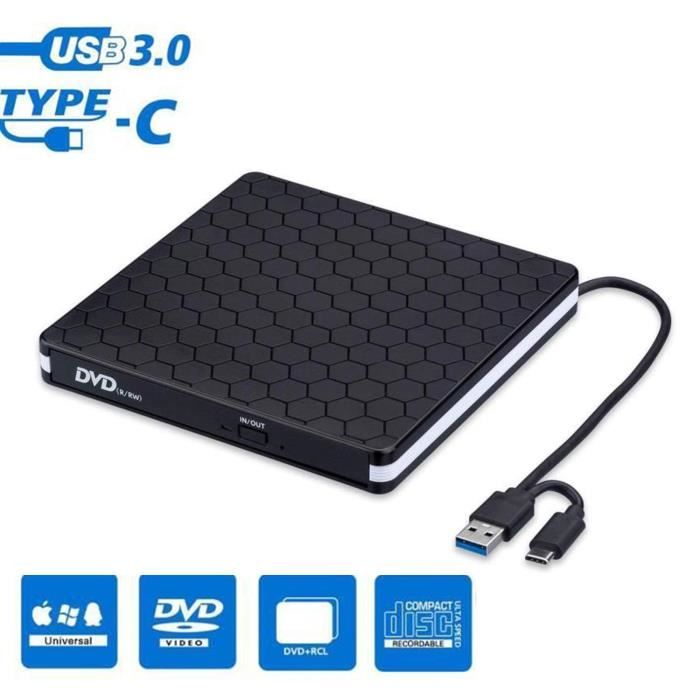 Lecteur CD/DVD Externe, Graveur DVD/CD Externe USB 3.0 Type-C Slot SD/TF Ultra-Mince Portable pour Windows XP/7/8/10, Macbook, iMac