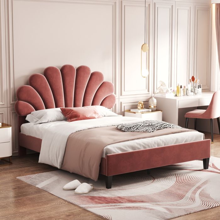 lit double rembourré 140 x 200 cm, cadre de lit avec tête de lit fleurie et cadre à lattes, avec des pieds noirs, rouge