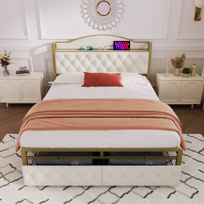 lit adulte 160x200 cm avec 2 tiroirs, tête de lit avec chargement usb type c, cadre de lit en fer à lattes, velours, beige