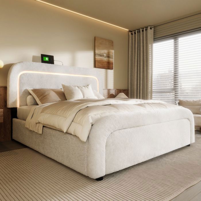 Lit coffre adulte 160x200cm avec éclairage LED et chargement USB - 4 tiroirs de rangement - Tissu Sherpa - Aapaas - Blanc