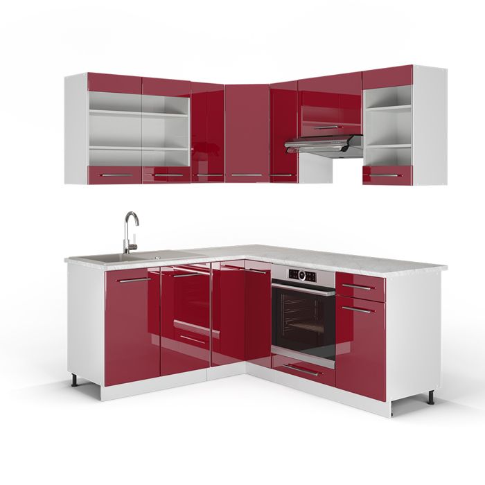 Cuisine en angle Fame-Line, 190x60cm, PT Marbre, Rouge bordeaux Haute ...