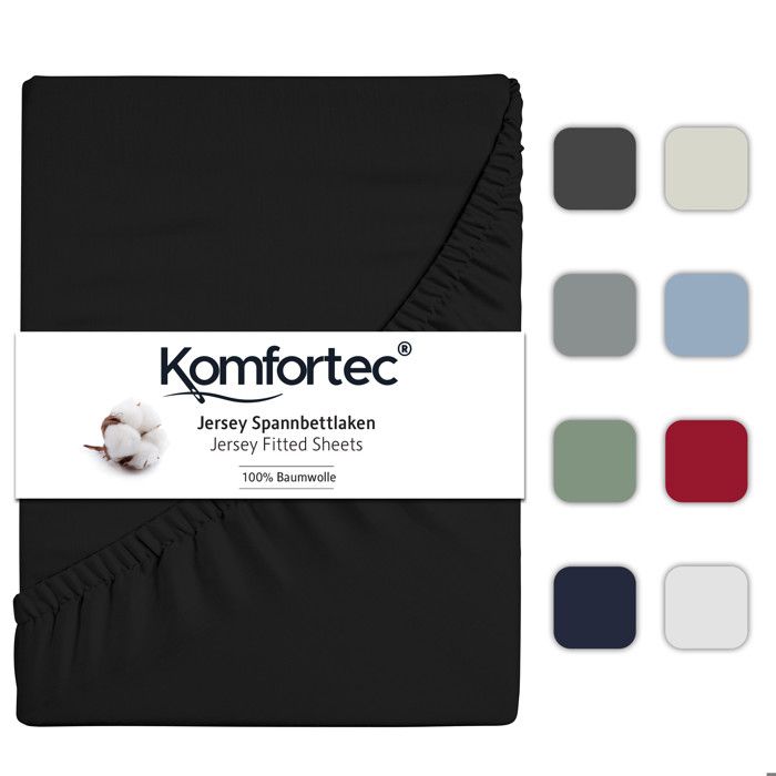 Drap-housse - KOMFORTEC - Jersey - 180x200 cm - 100% coton - Bonnet 30 cm