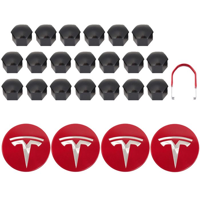 Kit D'Enjoliveurs Tesla Model 3 / Model Y Argent - 4 Cache-Moyeux + 20 Cache-Écrous Roue