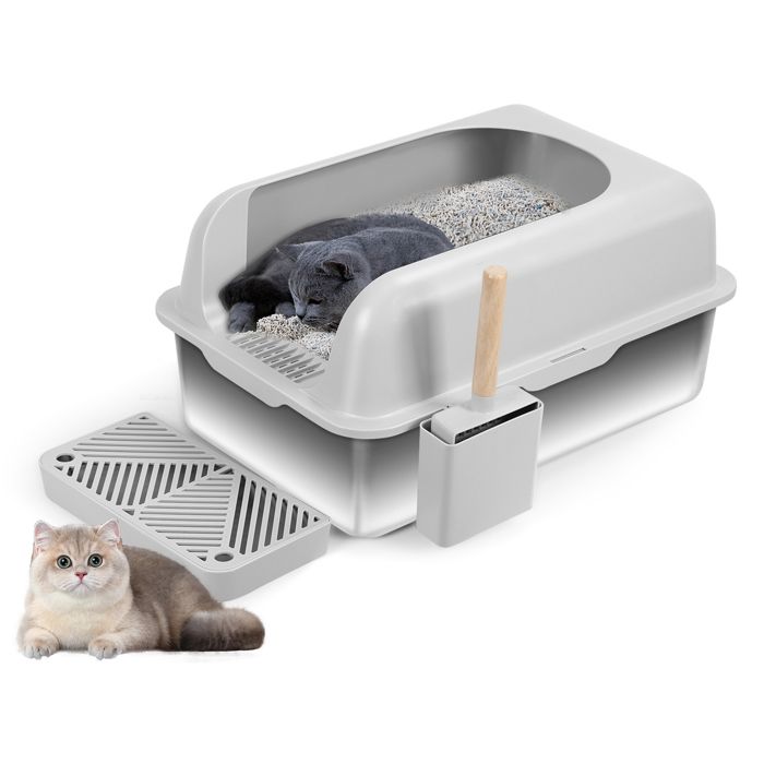 Bac à Litière pour Chat - BIPLUT - Acier Inoxydable - 20L - Avec Marches et Pelle - Facile à Nettoyer - Accessoires Pratiques
