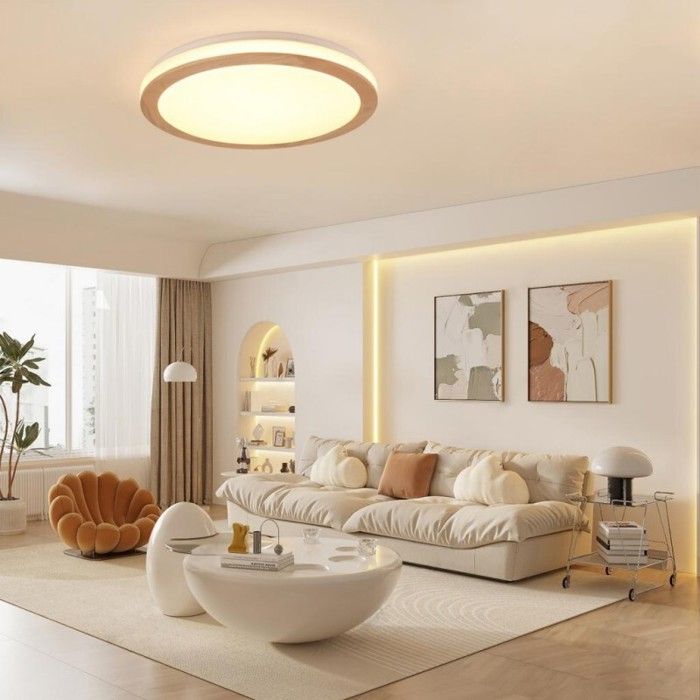 Plafonnier LED Bois Naturel - 18W 1600lm - Blanc Neutre 4500K - Pour Salon, Cuisine, Bureau