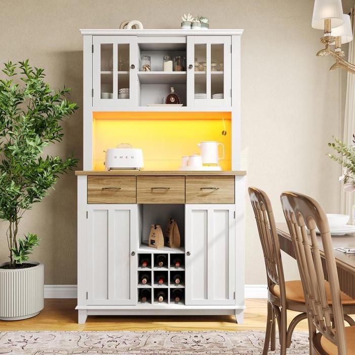 Buffet De Rangement Cuisine/Salle à Manger 120x35x167 Cm – Portes Coulissantes Vitrées, Éclairage LED Pilotable, Étagères Réglables – Blanc - 4