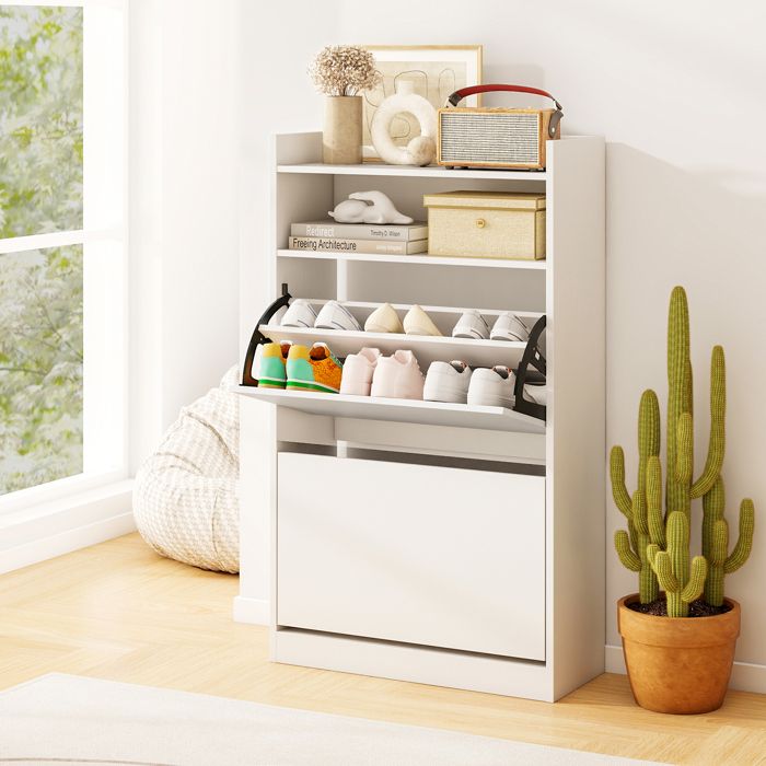 COSTWAY Meuble a Chaussure avec 2 Tiroirs Abattants Rangement Ouvert Étagère à Chaussures pour Entrée Couloir Hall Salon Blanc COSTWAY Meuble a Chaussure avec 2 Tiroirs Abattants Rangement Ouvert Étagère à Chaussures pour Entrée Couloir Hall Salon Blanc
