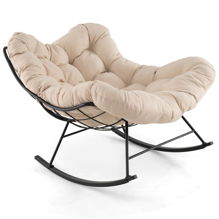 GIANTEX Fauteuil à Bascule Chaise Papasan en Forme dOeuf avec Coussin Epais Charge 205 kg pour Salon Jardin Terrasse Beige