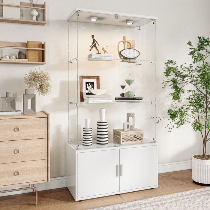 Vitrine Armoire - URBANLUXE - Vitrine Armoire 164 cm - 4 portes - Verre trempé & MDF - LED intégrées