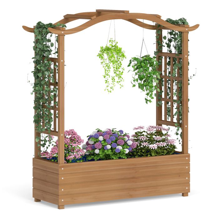 Jardinière Surélevée en Bois Massif COSTWAY Toit Suspendu 2 Treillis Latéraux Bac de Jardin pour Fleurs Légumes Plantes Grimpantes