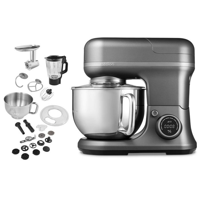 Robot pâtissier 3-en-1- MEDION - MD18430 - 1200 W - 5 L - 8 vitesses - Fonction hachoir - Titane - Medion