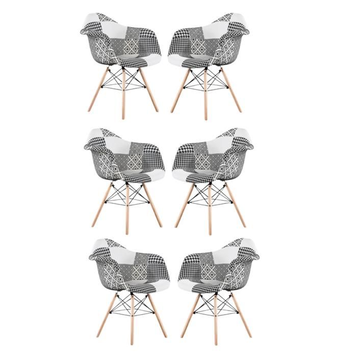 Lot de 6 chaises en tissu patchwork noir et métal avec accoudoirs noirs et blancs