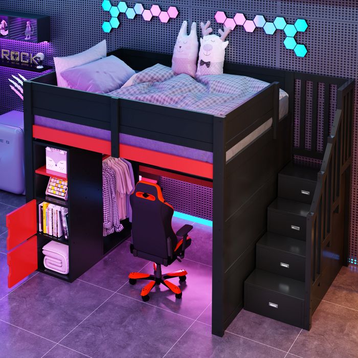 Lit mezzanine 140x200 cm gaming en bois avec bureau rangements LED et escalier de rangement