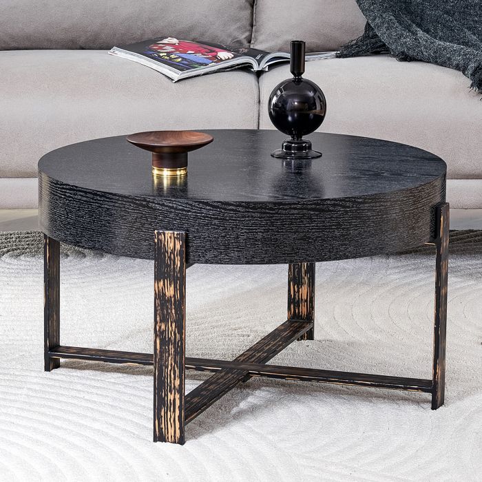 Table basse ronde 68x68x39 cm avec finition effet bois design moderne minimaliste cadre en métal plateau en MDF noir