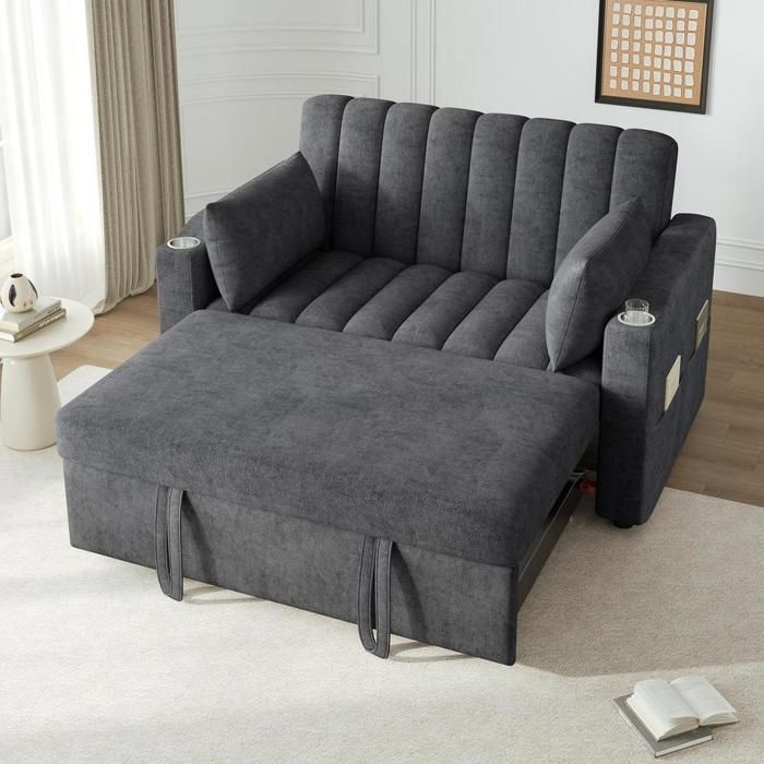 Canapé-lit - KOMHTOM - KOMHTOM - 2 places convertible - Tissu coton-lin gris - Porte-gobelets & coussins Canapé-lit - KOMHTOM - KOMHTOM - 2 places convertible - Tissu coton-lin gris - Porte-gobelets & coussins