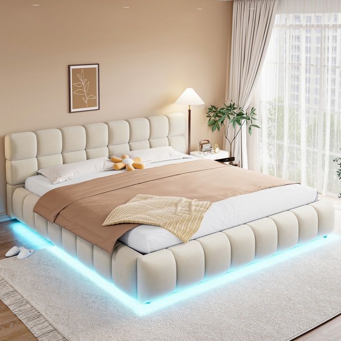 Bladez - Lit Coffre LED 180x200cm en Velours Lit Capitonné avec Rangement Hydraulique - Beige