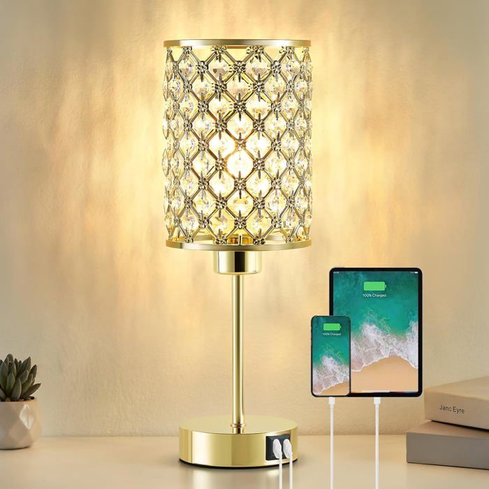 Lampe De Table Cristal Avec Ports Usb-C/ALampe De Chevet Tactile 3 Niveaux LumièreAbat-Jour Cristallin Pour Chambre De Fille