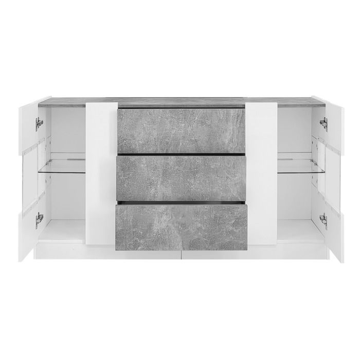 WOVREO Buffet bas 140x35x75 cm 2 portes 3 tiroirs LED 16 couleurs blanc brillant et marbre gris