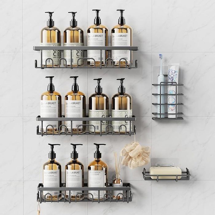 5 Pcs Antirouille Acier Inoxydable Etagere Douche sans Percage Rangement Salle de Bain Ensemble Porte-Brosse Dents et Savon Gris