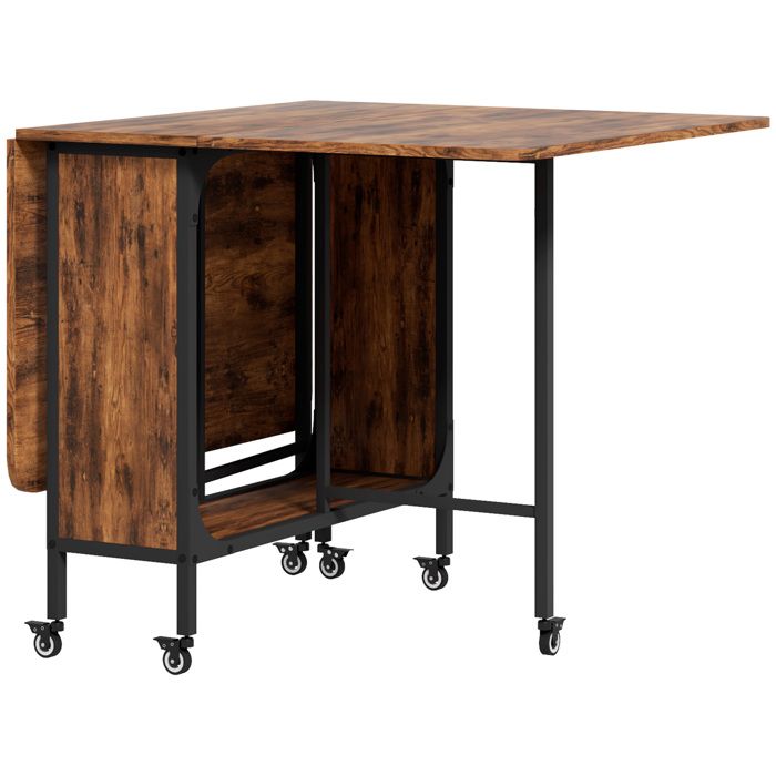 Table pliante 80x30x74 cm marron avec étagère de rangement et roulettes avec freins conception gain de place