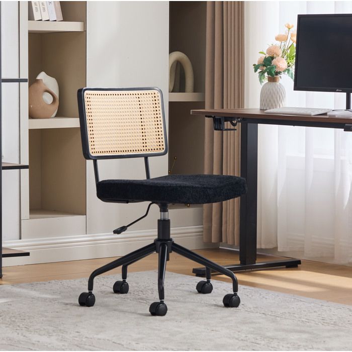 Chaise De Bureau En Cannage Noir Siege Pivotant Vintage FloraGrace Pour Bureau Et Salon Reglable En Hauteur 55x58 5x83 5-91 5cm