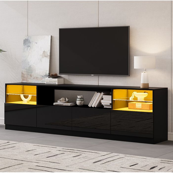 Meuble TV LED 4 portes 8 compartiments 2 étagères en verre - BEAUNIV - Brillant Salon 180×35×60 cm Noir