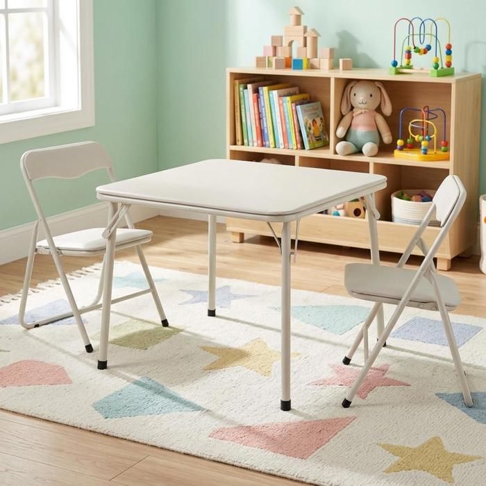 Set Table et Chaises Enfant Pliable – 3 Pièces avec Coussin Rembourré – Parfait pour Salle de Jeux et Chambre- Beige