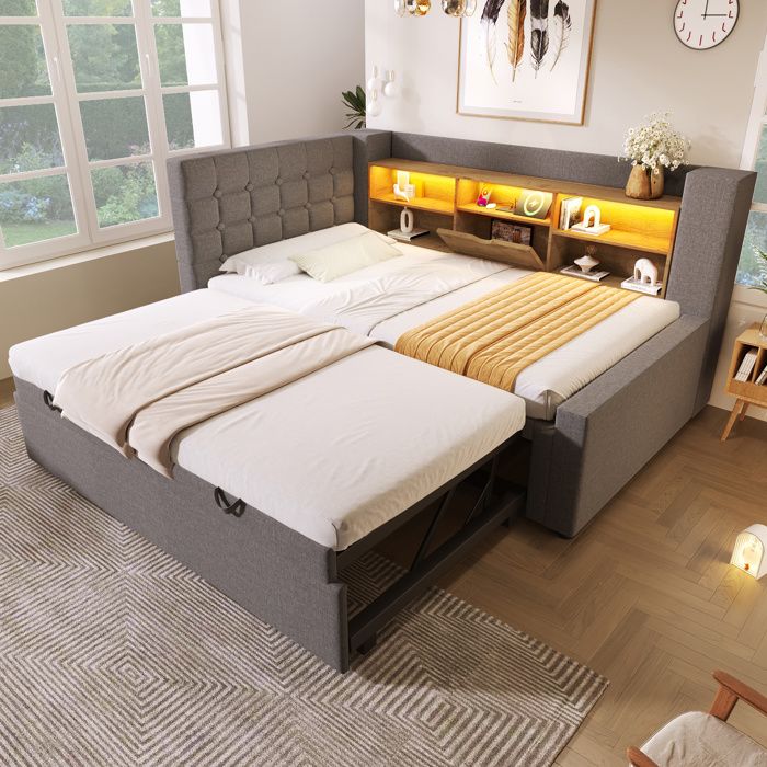 ELVORIN Lit gigogne 90 x 200 cm avec lit extensible 90 x 190 cm tête de lit en L rangements LED USB-C gris