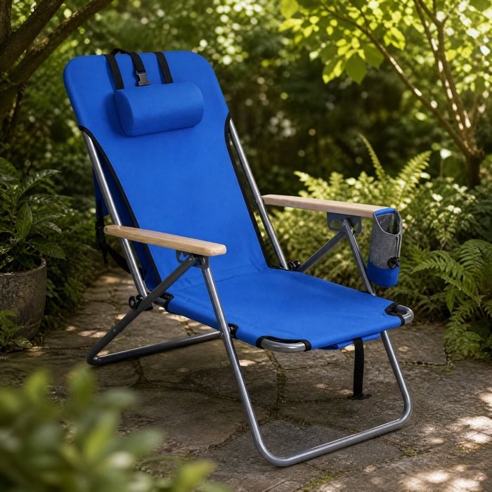 Chaise pliante Fauteuil de jardin dossier réglable 4 positions - MEUNIQ - appuie-tête bleu 150 kg