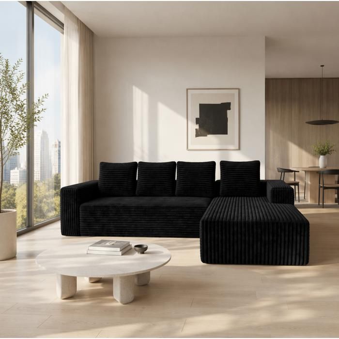 WOVREO Canapé dangle modulable en L 4 places chaise longue à droite velours côtelé noir sans montage