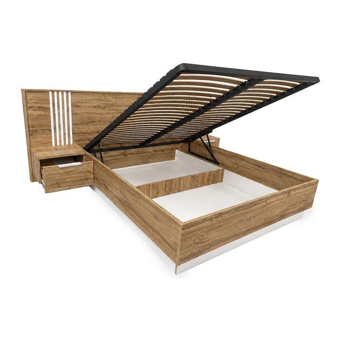 Lit coffre avec chevets 160 x 200 cm – Avec LEDs – Coloris : Naturel et blanc - NELTORA Lit coffre avec chevets 160 x 200 cm – Avec LEDs – Coloris : Naturel et blanc - NELTORA