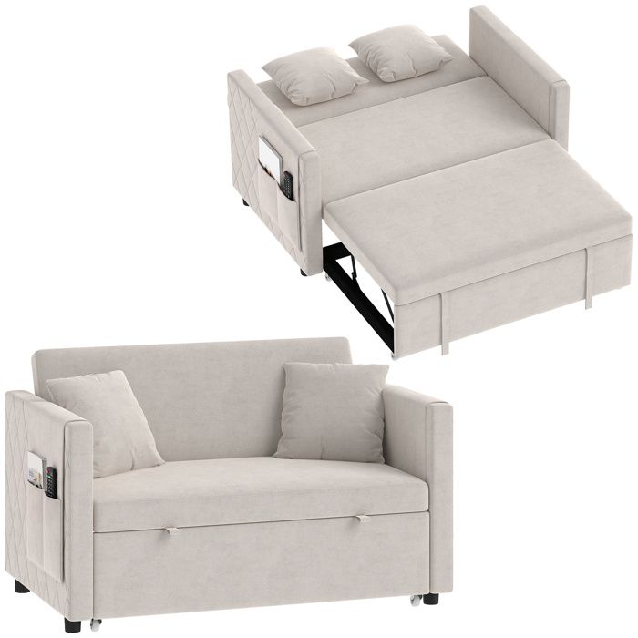 Canapé convertible 2 places - HOMCOM - clic clac - dossier réglable poches latérales - velours hollandais - 131x81x83cm - beige