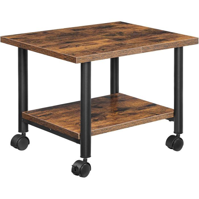 Support Imprimante Mobile 2 Niveaux 48 5×40×36 5 Cm Roulettes Cadre Métal Étagère Pour Bureau Maison Copieur Marron Noir