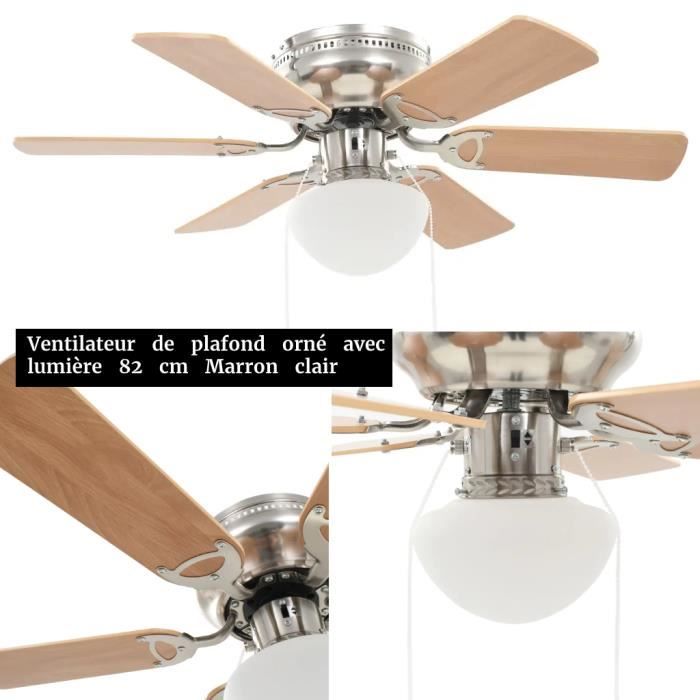 XIXI Ventilateur de plafond orné avec lumière 82 cm Marron clair en acier chromé + pales en MDF
