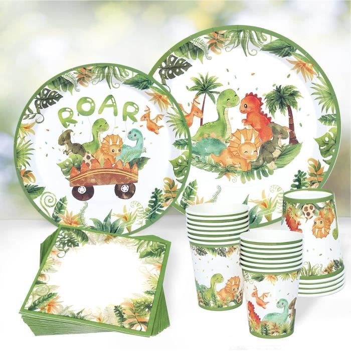 Bymivofun 126 Pièces Vaisselle Anniversaire Dinosaure - Ensemble Pour 25 Invités Thème Dino