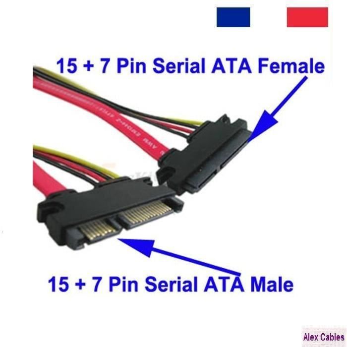 15 + 7 broches mâle Serial ATA VERS FEMELLE câble pour disque dur SATA, Longueur 50cm