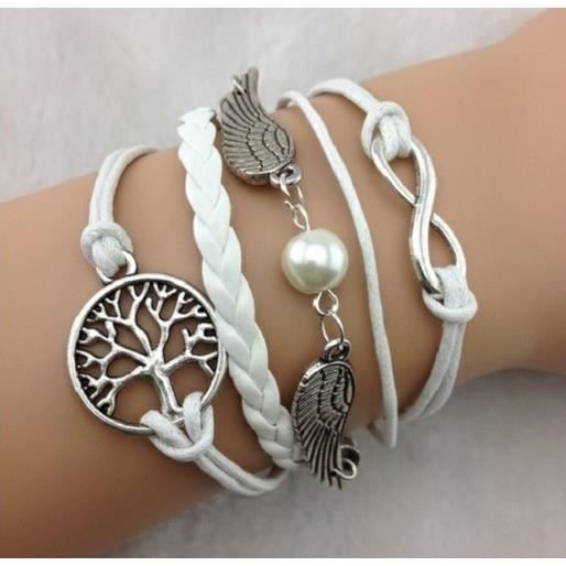 BRACELET BLANC ARBRE DE VIE NFINI ET AILES ANGE VIF OR