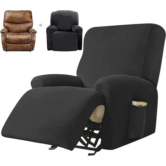 Highdi Housse De Fauteuil Relax Doux Velours Extensible Gris Foncé - 4 Pièces Antidérapante Avec Poche Latérale