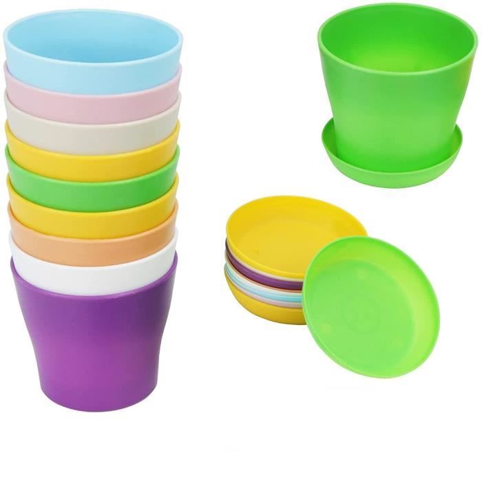 Pots de fleurs en plastique ,Lot de 10 petits pots de fleurs en plastique pour jardin, bureau, chambre, avec plateaux d'égouttement