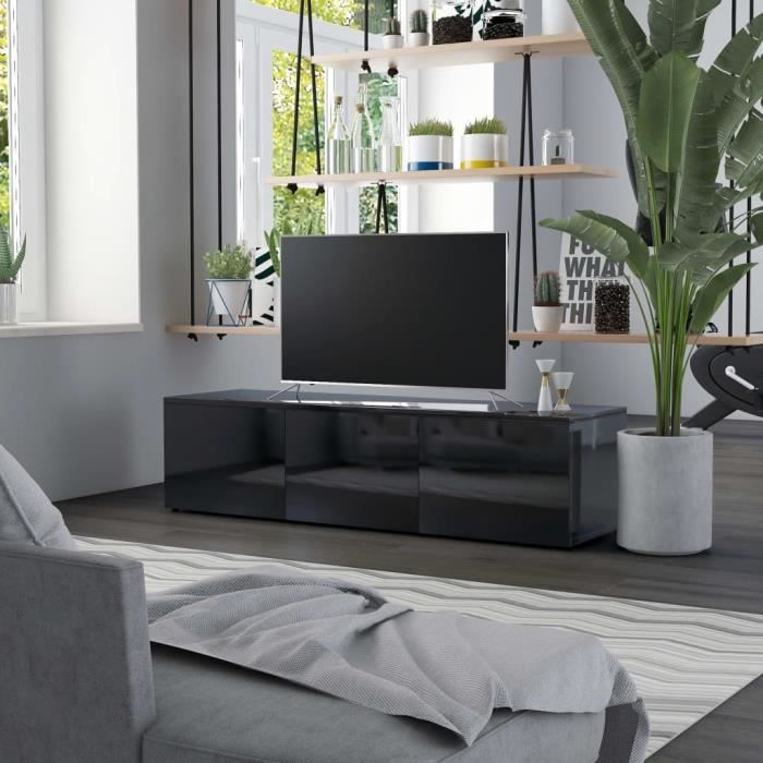 meuble tv bas scandinave contemporain - armoire salon tele table television - noir brillant 120x34x30 cm aggloméré