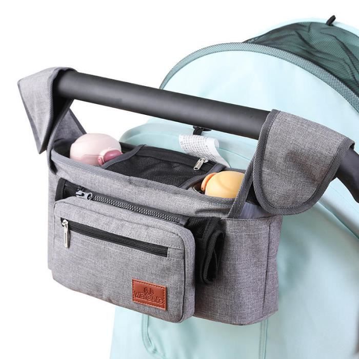 Sac de Rangement Universel pour Poussette, Sac Organisateur Universel pour Poussette avec 2 Porte-Bouteilles Isolés, Gris