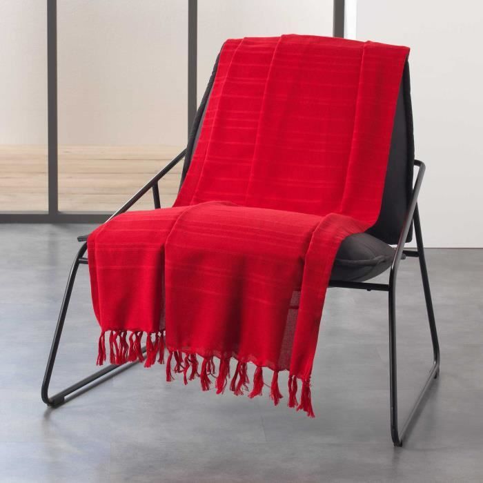 Jete de fauteuil a franges 150 x 150 cm coton tisse lilia Rouge