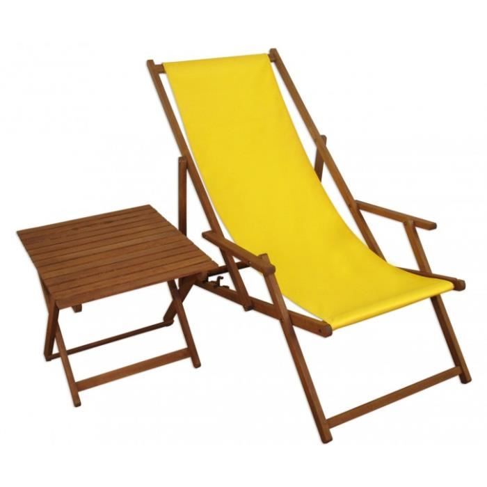 chaise longue de jardin pliante jaune - erst-holz - 10-302t - bois massif - dossier réglable - table d'appoint