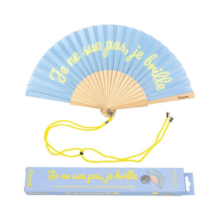 Éventail original avec message Je ne sue pas je brille. Éventail en bois moderne et amusant. Éventail bleu. Dimensions : 425 x - Fisura
