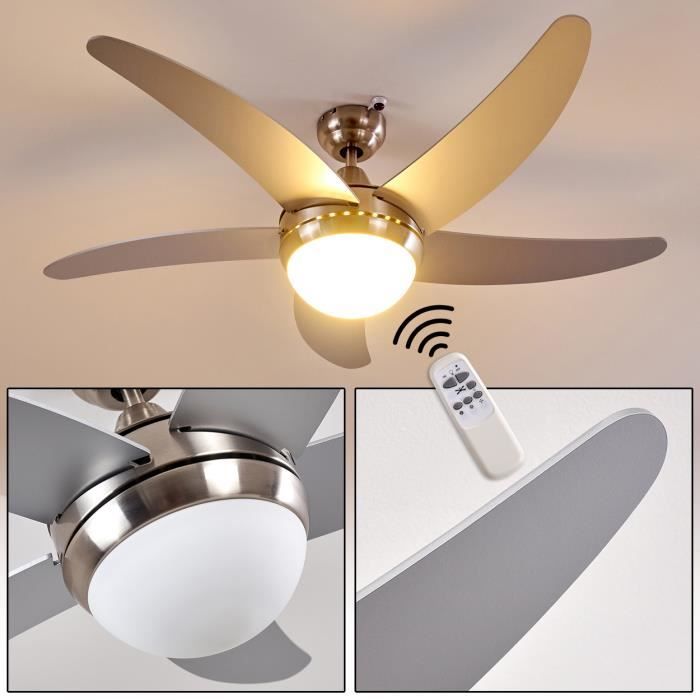 Ventilateur de plafond - HOFSTEIN - Quarto - Métal / Bois / Verre - Nickel mat/Argent - Télécommande incluse - Hofstein